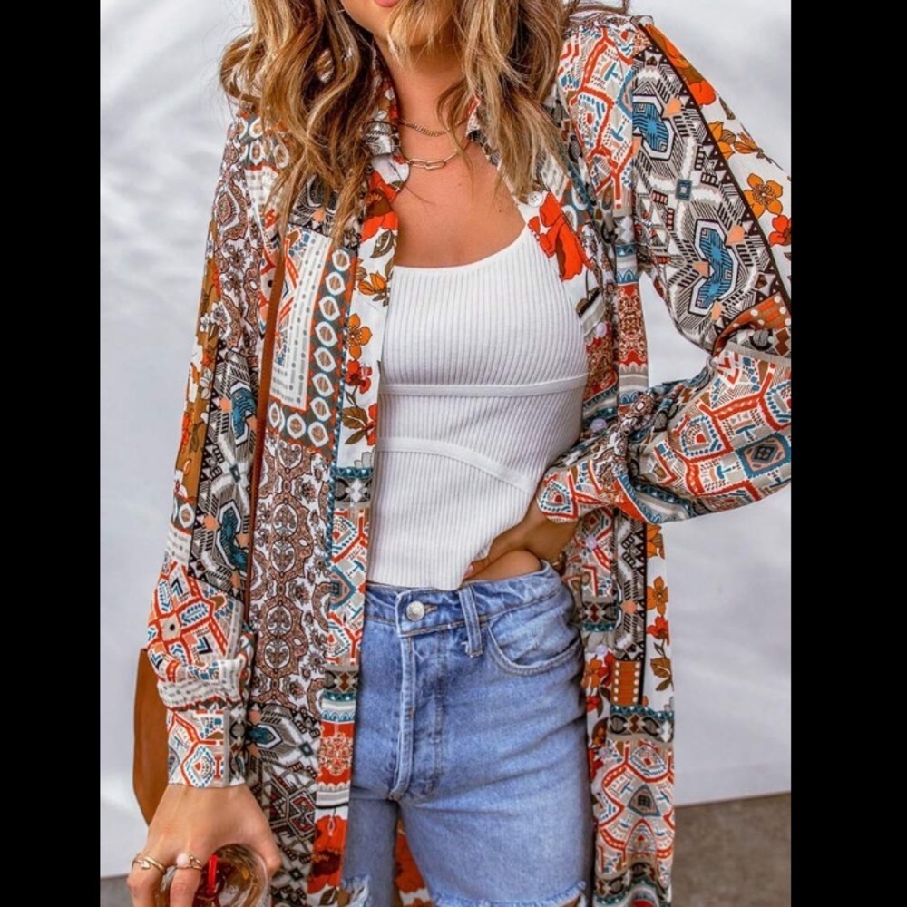 Floral Print Button Down Long Kimono Cardigan Boho Chic Loose Fit Year Round - Picture 2 of 9